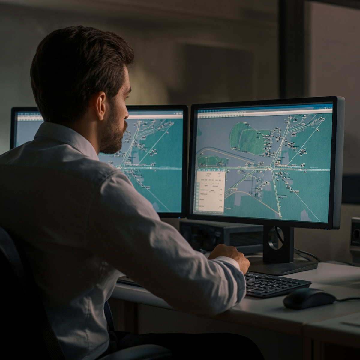 A dark-haired, bearded professional in front of a two-monitor computer setup, upon which is displayed flight monitoring maps